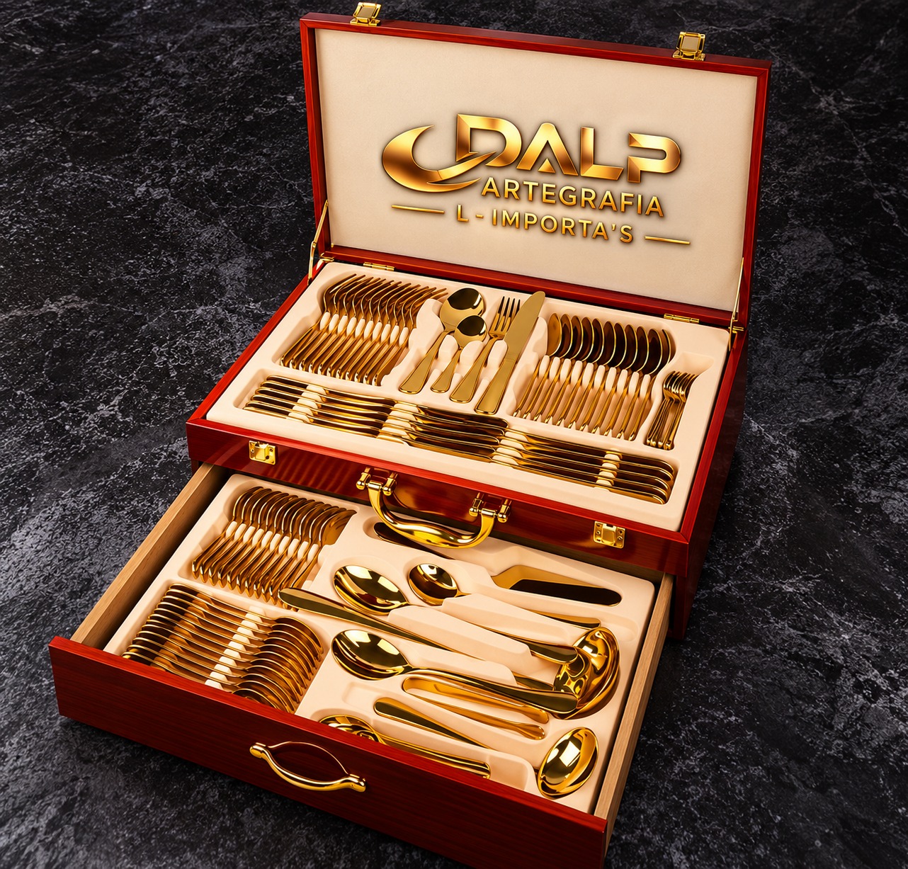 Set de cubiertos de acero inoxidable dorado en caja de regalo