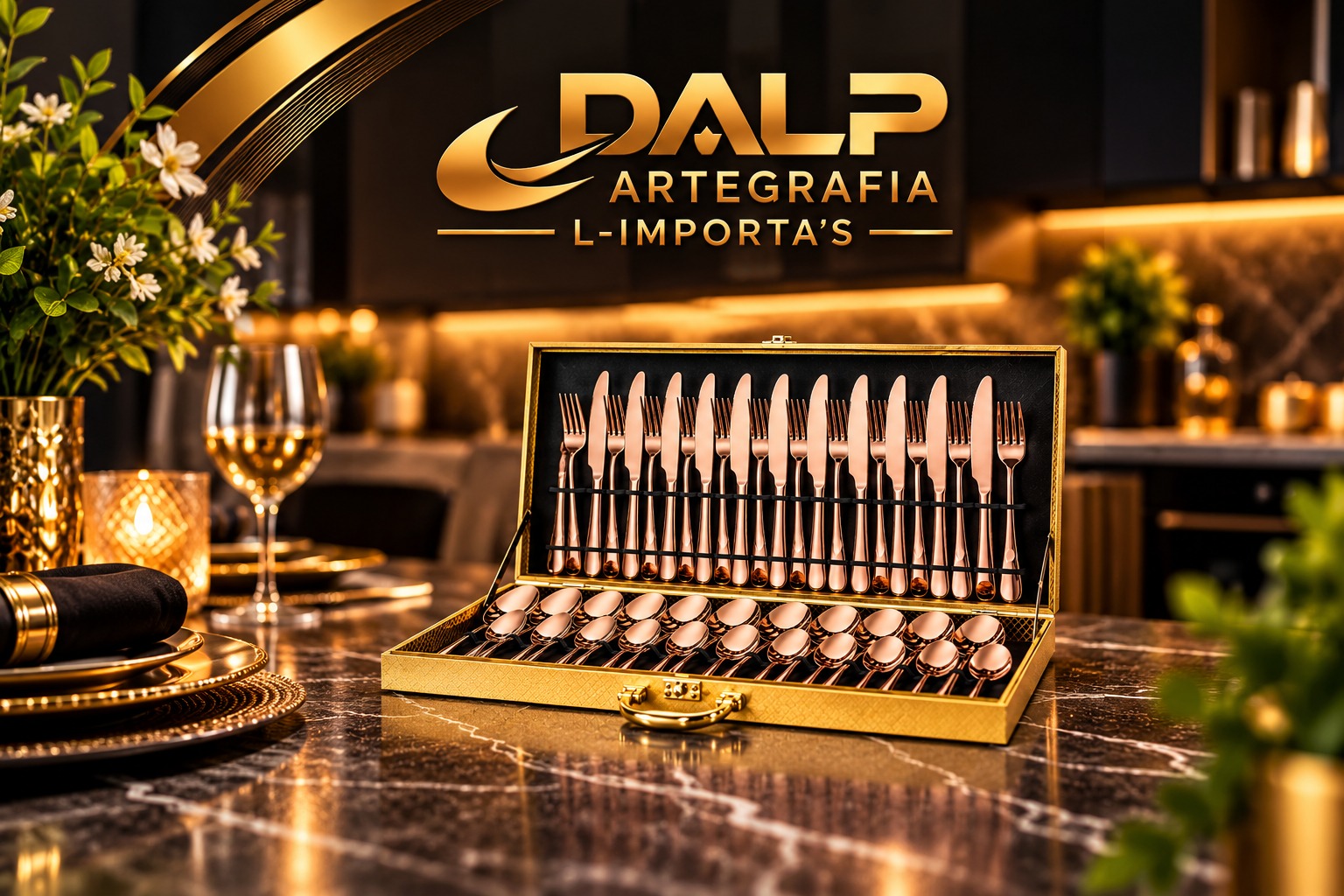 Set de cubiertos rosados en caja de regalo dorada, 36 y 48 piezas