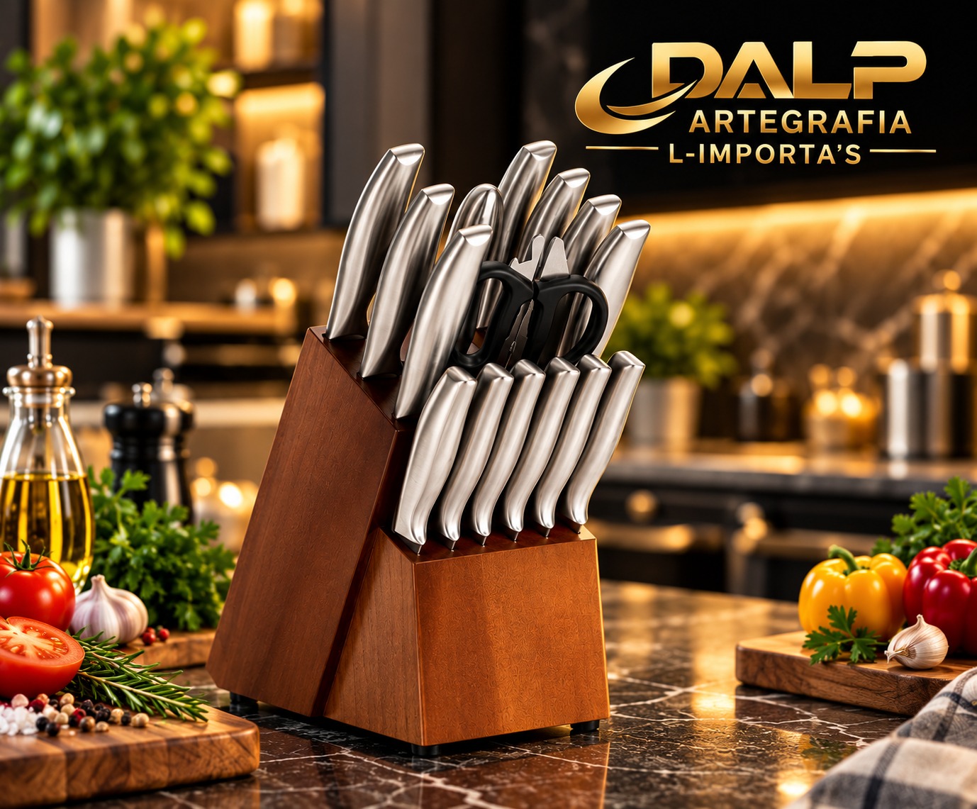 Set de 16 cuchillos de cocina de acero inoxidable con soporte de madera