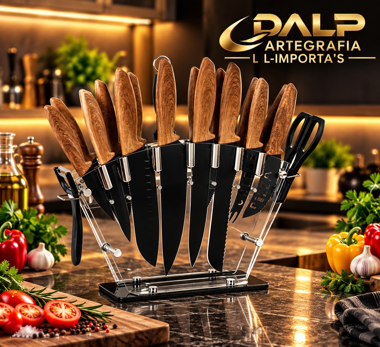 Set de 19 cuchillos de cocina hoja negra con soporte acrílico