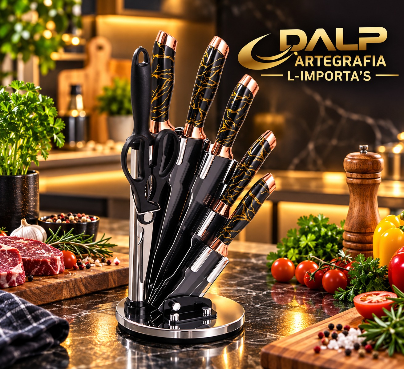 Set de 9 cuchillos de cocina con soporte giratorio y mango de mármol